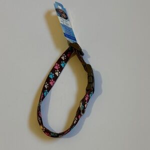 NEW SMALL Adjustable Black Paw-Print Dog Collar with Pink & Blue Accents
